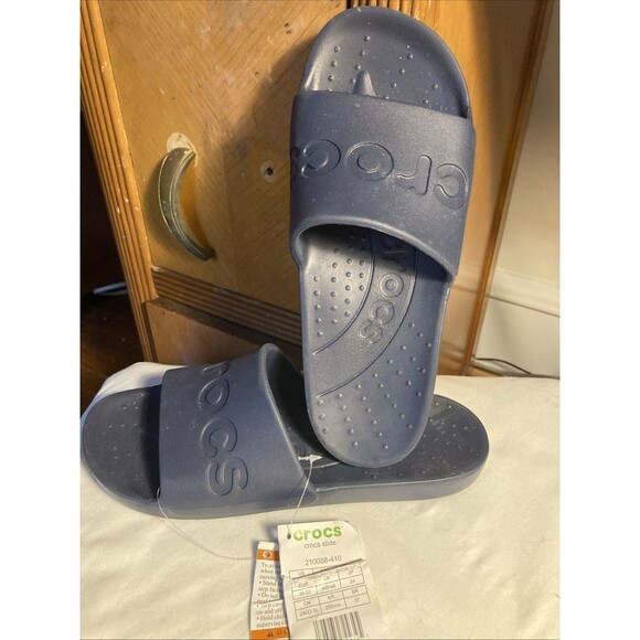 Crocs Classic Blue Logo Slide On Sandals Comfort Slides Women 8 Men 6 New - Picture 1 of 9